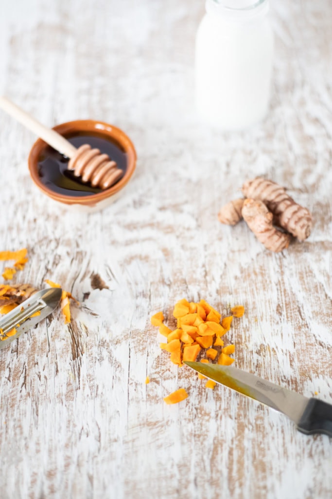 Freshly peeled and chopped turmeric.