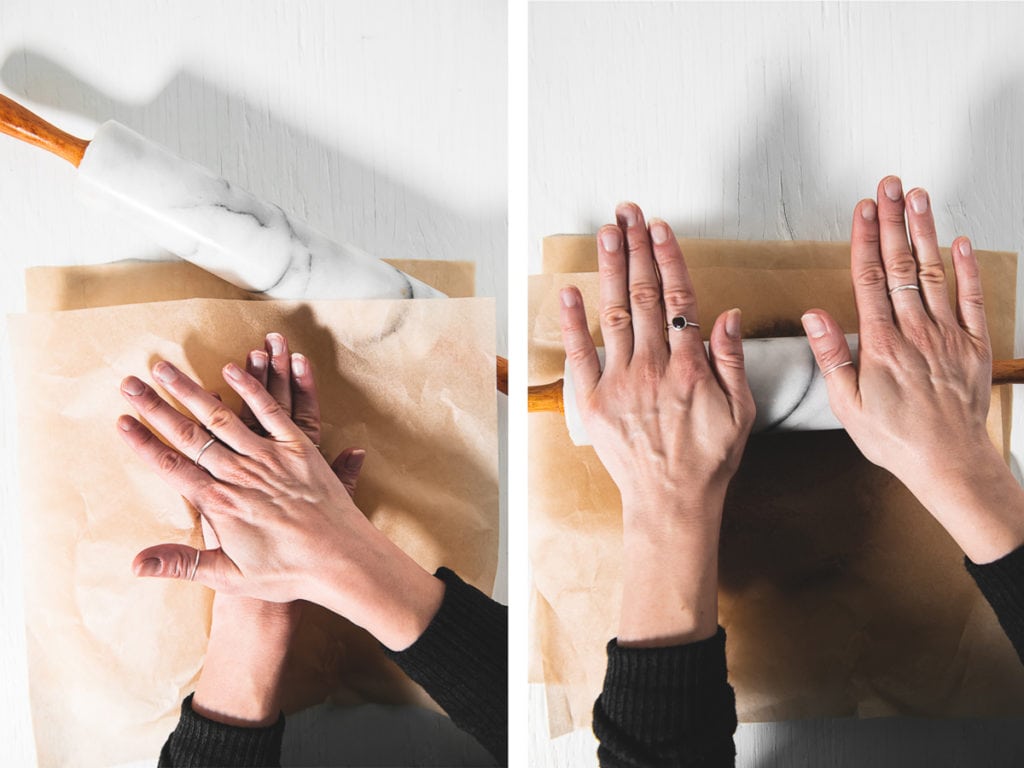 The process of rolling out gingerbread cookie dough.