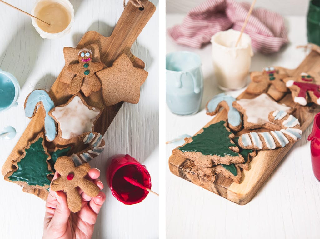 The process of icing gingerbread cookies.