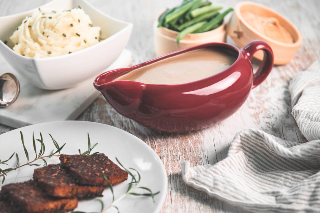 A holiday feast centred around a full gravy boat.