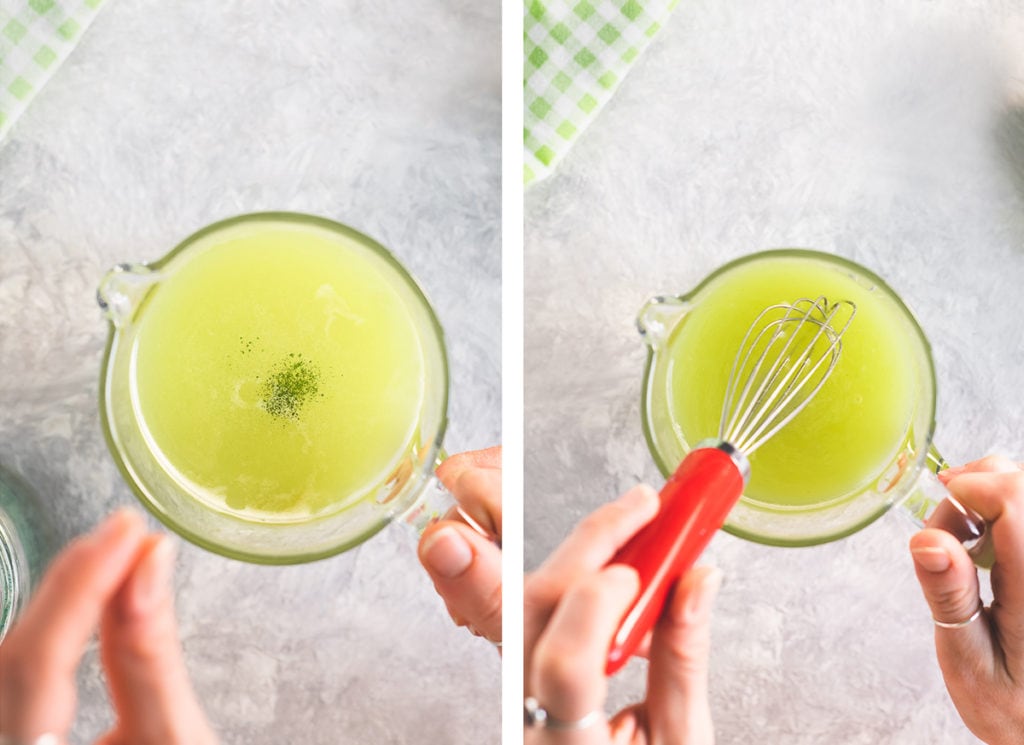 Process of spirulina powder being added and mixed into the apple and lime juice.