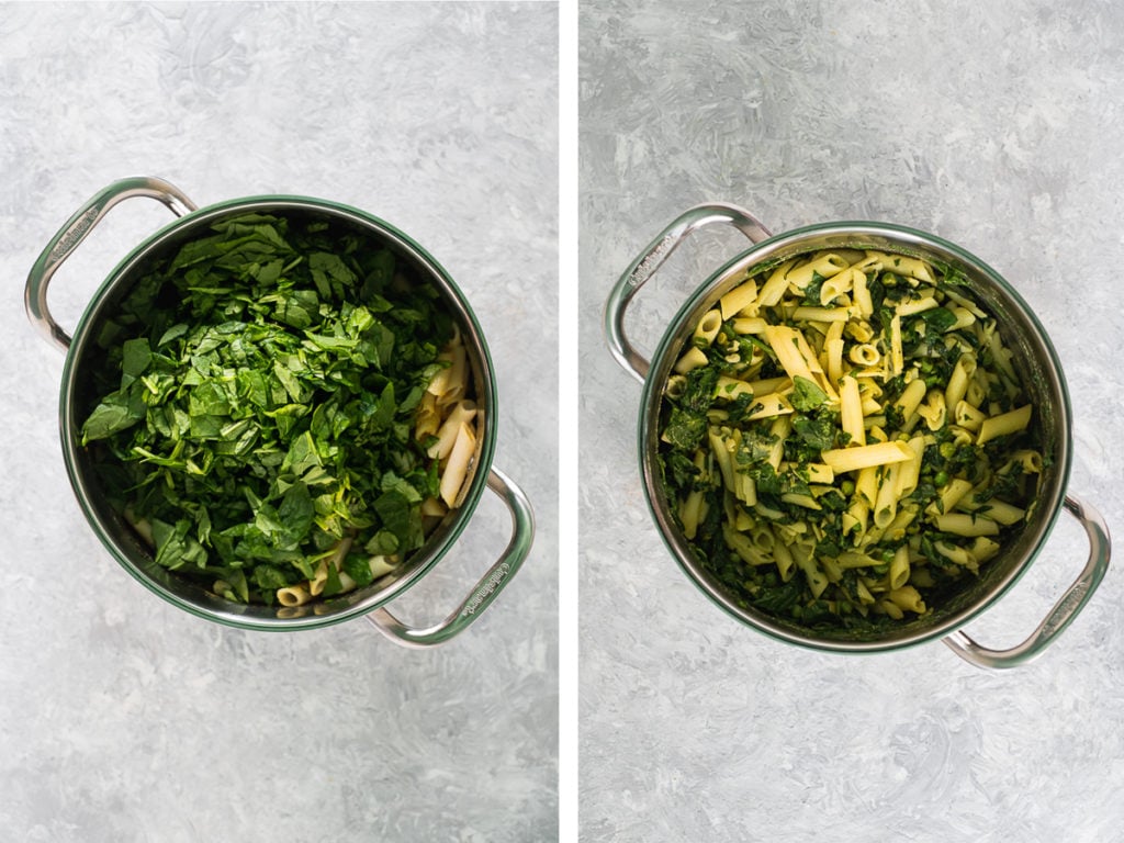 The process of making One Pot Spinach pasta.
