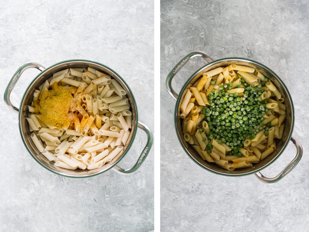 The process of making One-Pot Vegan Spinach and Peas Pasta.