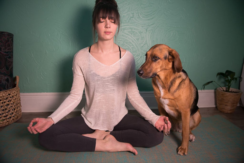 A woman sitting in a meditation position with her dog sitting beside.
