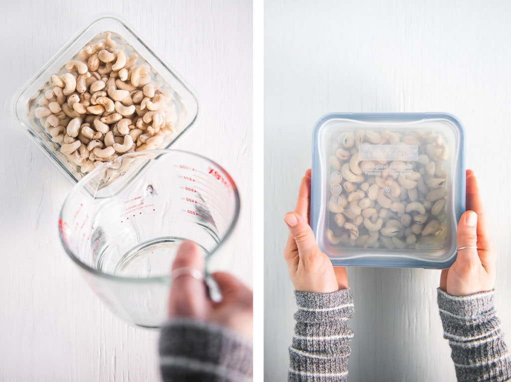 Step one of how to make cashew cream - soaking in water and covering.