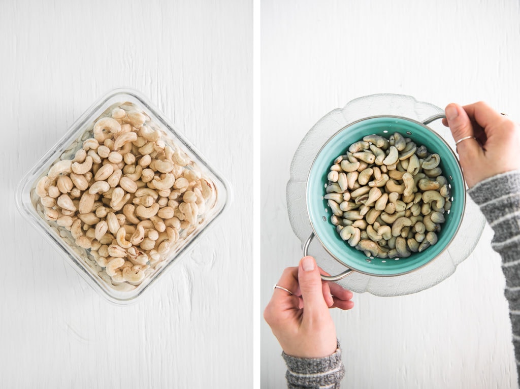 Step 2 process of making Cashew Cream - Strain and Rinse cashews.