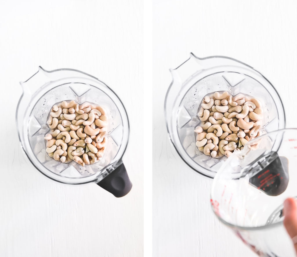 The process of step 3 of making Cashew Cream - Blend with fresh water.