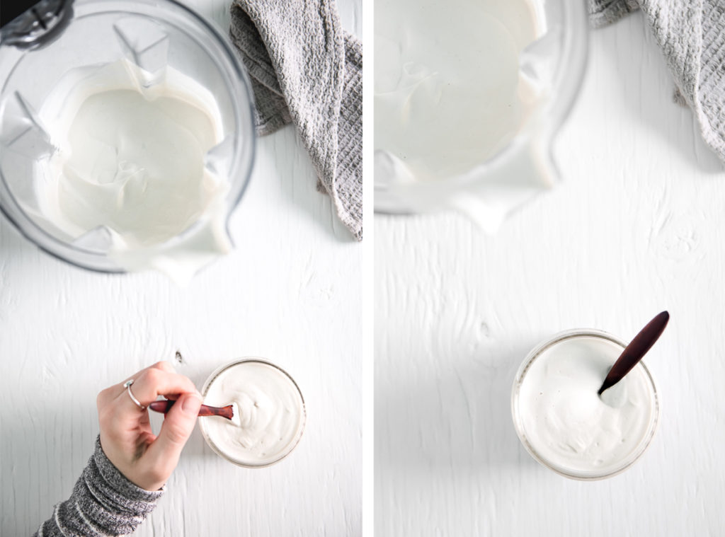 Process of Step 5 of making Cashew Cream - Pour, Store and uses.