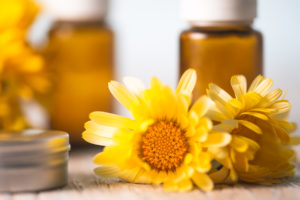 Yellow Calendula flowers sitting in front of essential oil bottles and beside a metal tin.