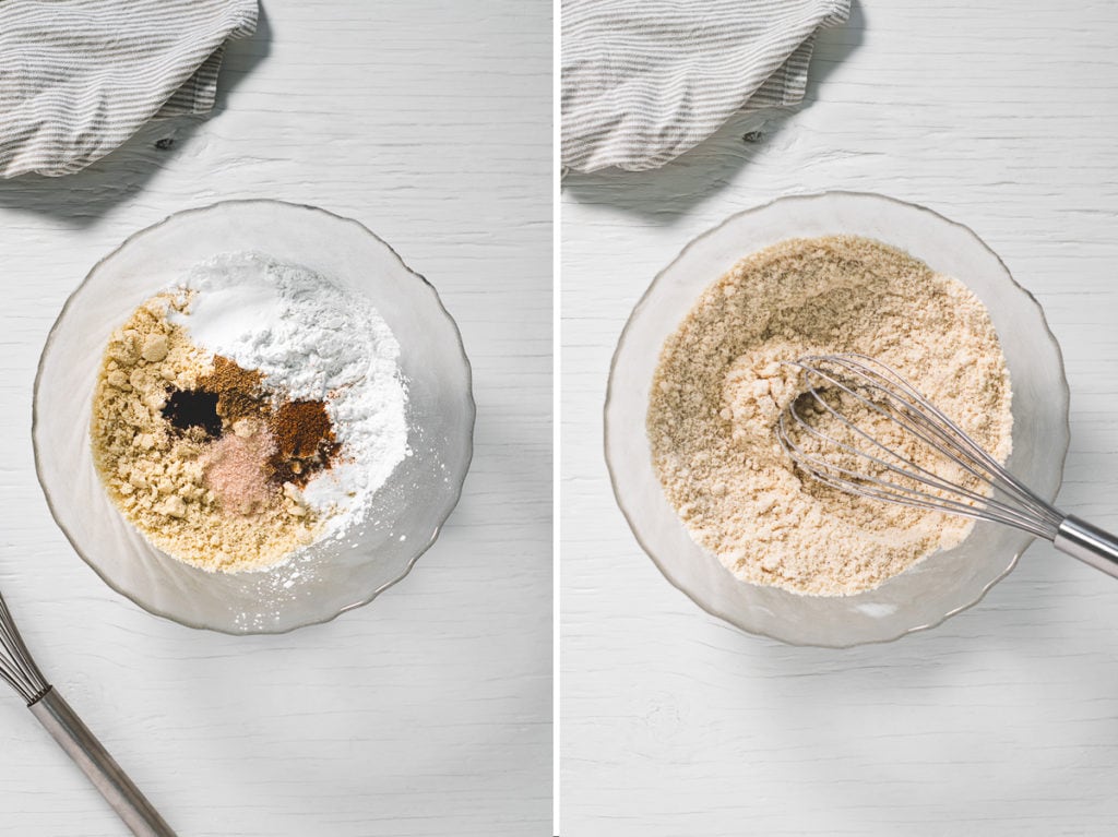 The process mixing the dry ingredients in sweet potato muffins.