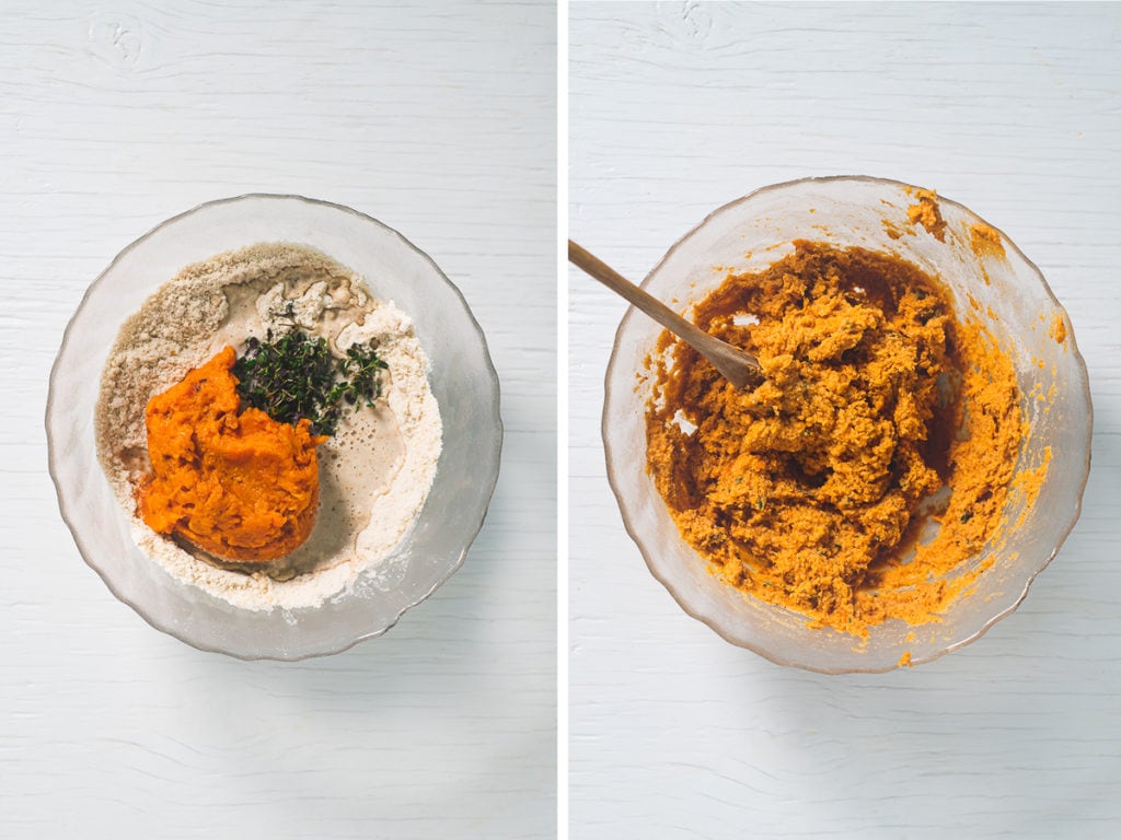 The process of sweet potato muffin batter being mixed.