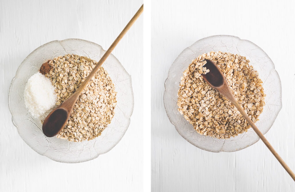 The process of mixing the ingredients of homemade granola.