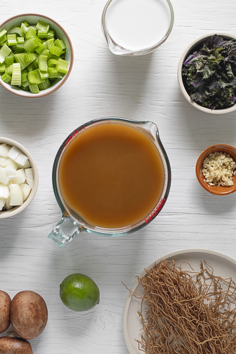 The ingredients needed to make Coconut Lime Soup with Thai Noodles.