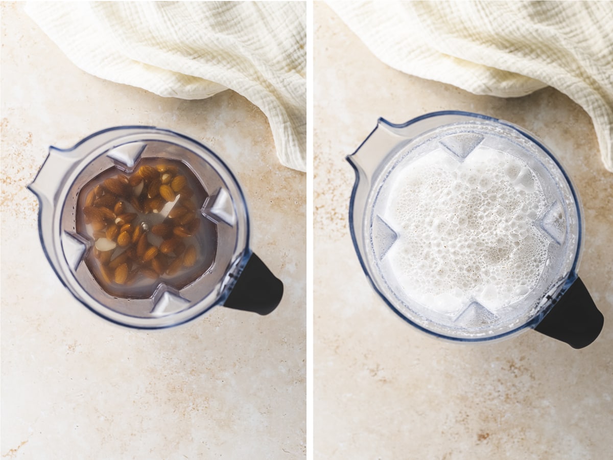 Almonds and water in a blender jug before and after being blended.