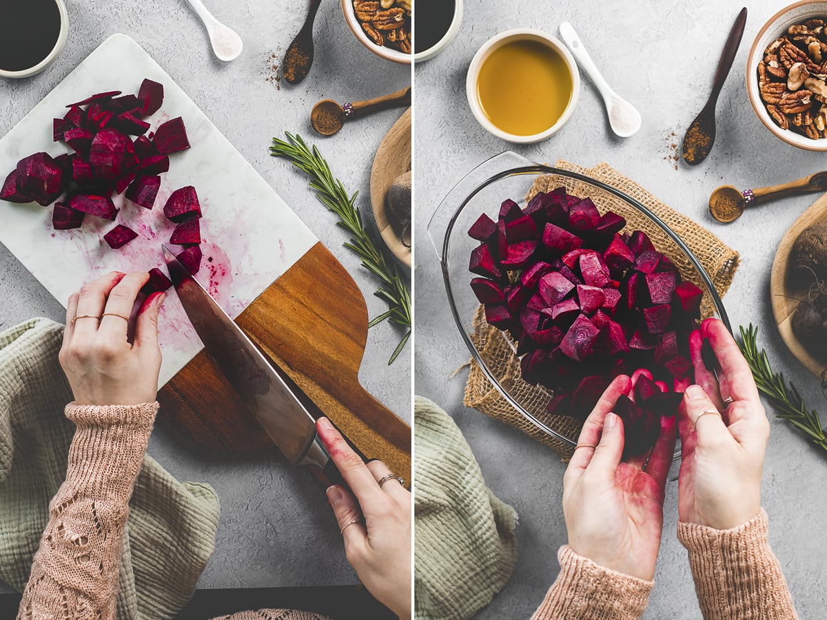 Raw beets being chopped and placed into a glass roasting dish.