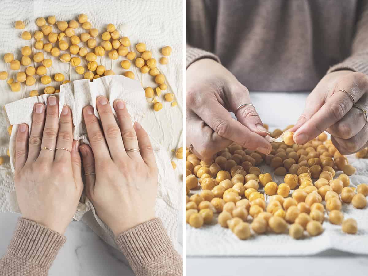 Chickpeas being patted dry and rolled around between two pieces of paper towel and the loose skin being peeled off.