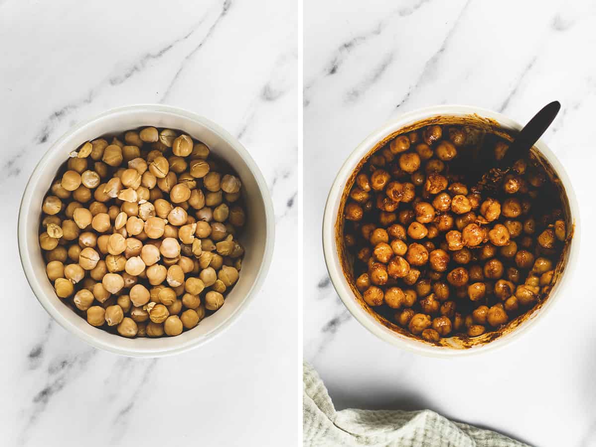 A bowl of unseasoned par-baked chickpeas beside a bowl of chickpeas coated in chili lime seasoning with a wooden spoon.