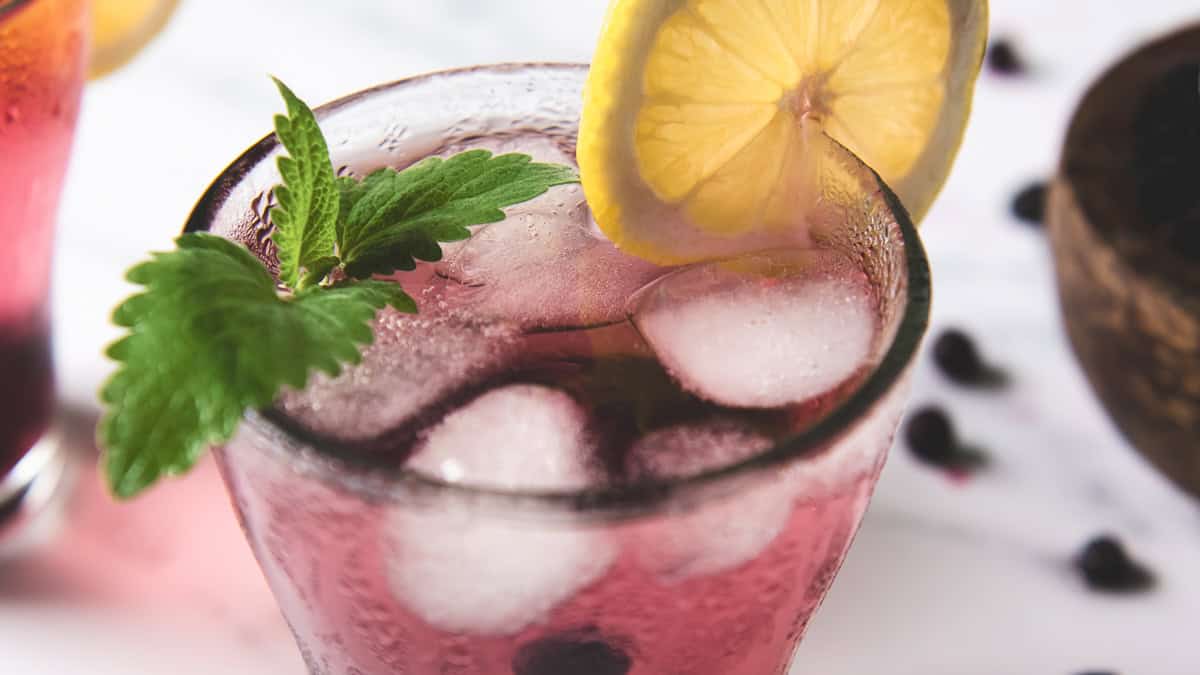 A glass of blueberry lemon water with ice and a sprig of lemon balm.