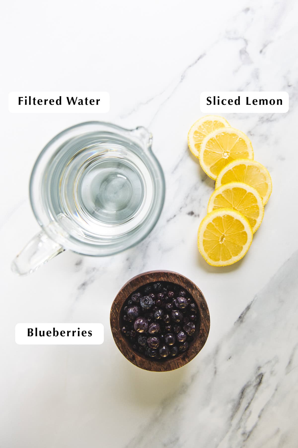 Filtered Water, Sliced Lemon and Blueberries.