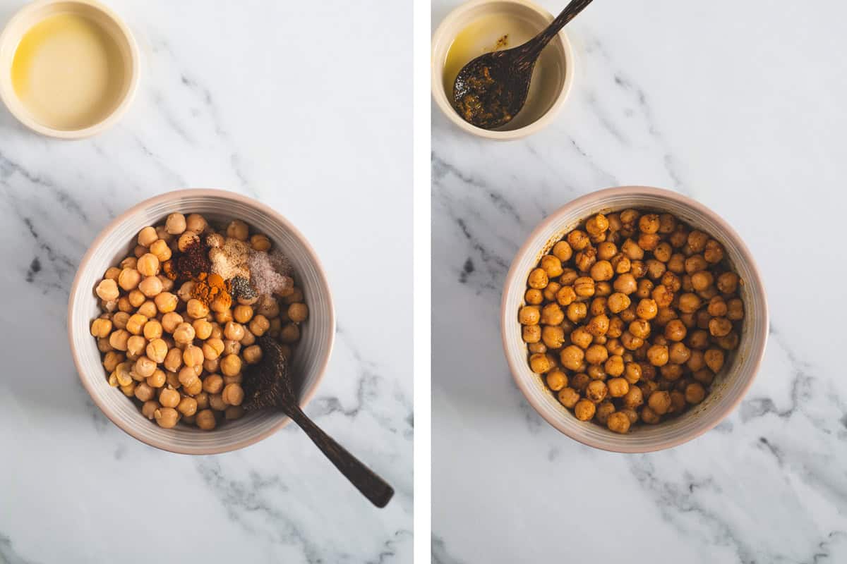 Spices and olive oil stirred into a bowl of chickpeas.