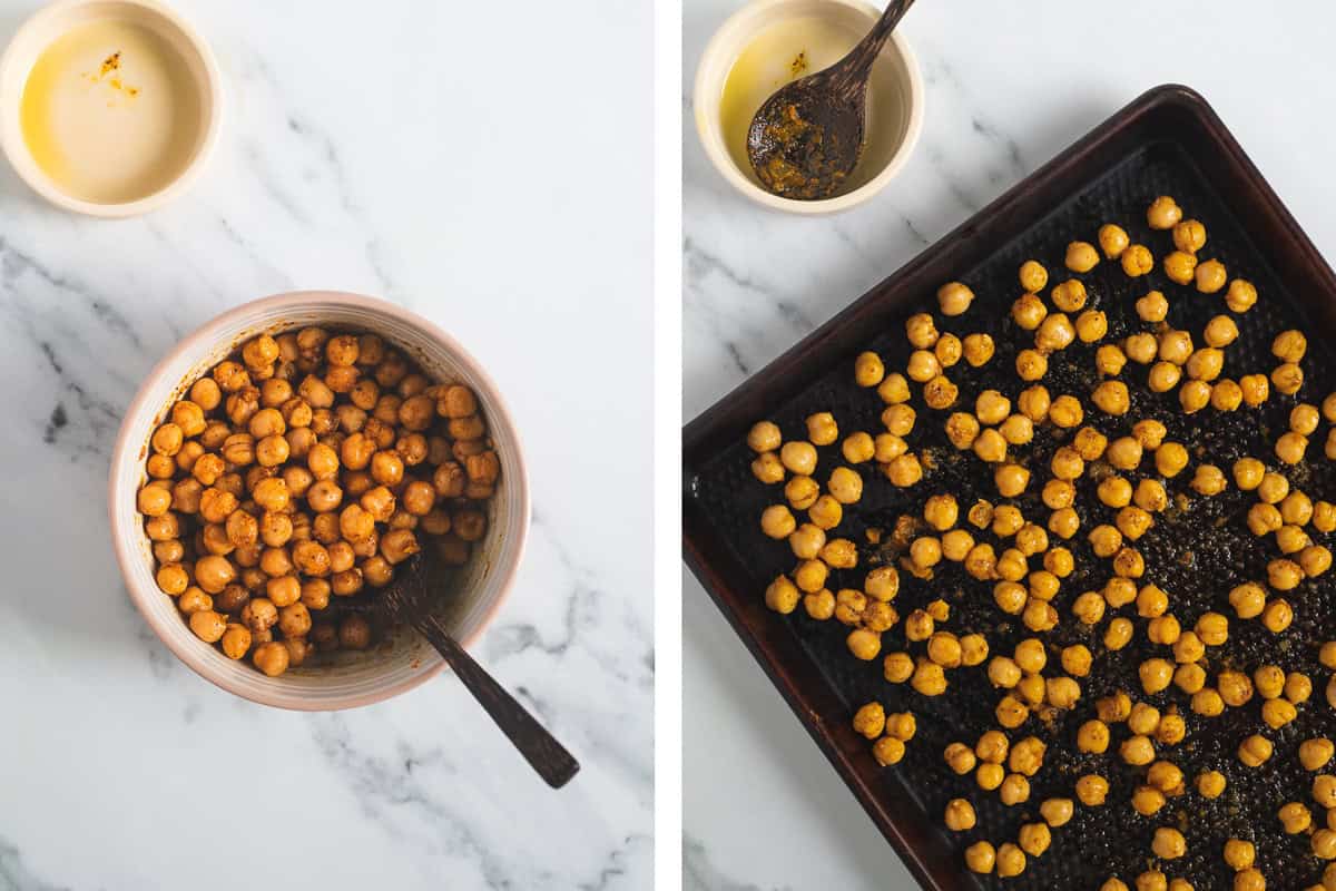 Seasoned chickpeas in a bowl and spread evenly on a baking sheet.