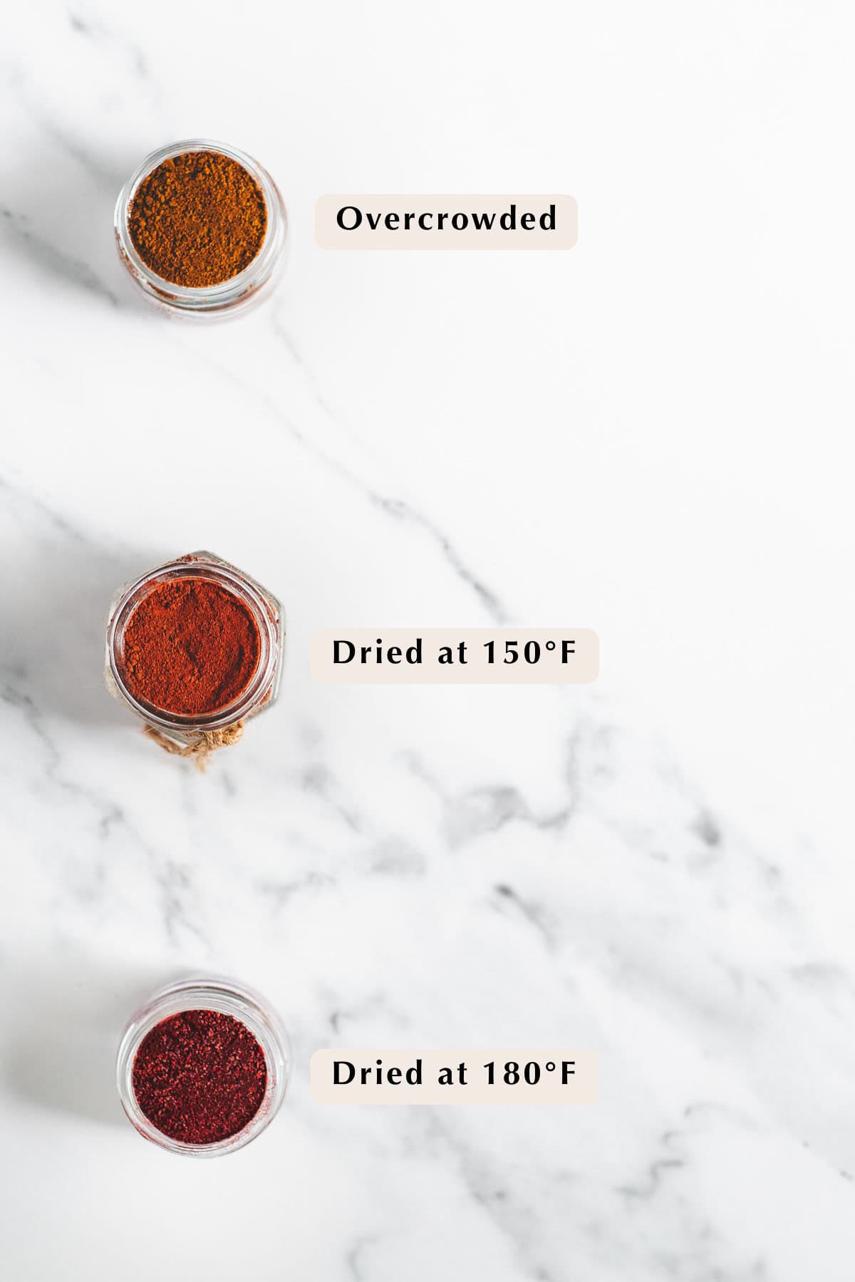 3 jars of beetroot powder with colour variations due to spacing and temperature.