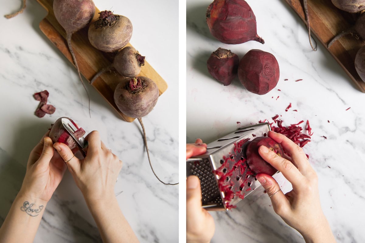 A woman's hands peeling and grating beetroot.