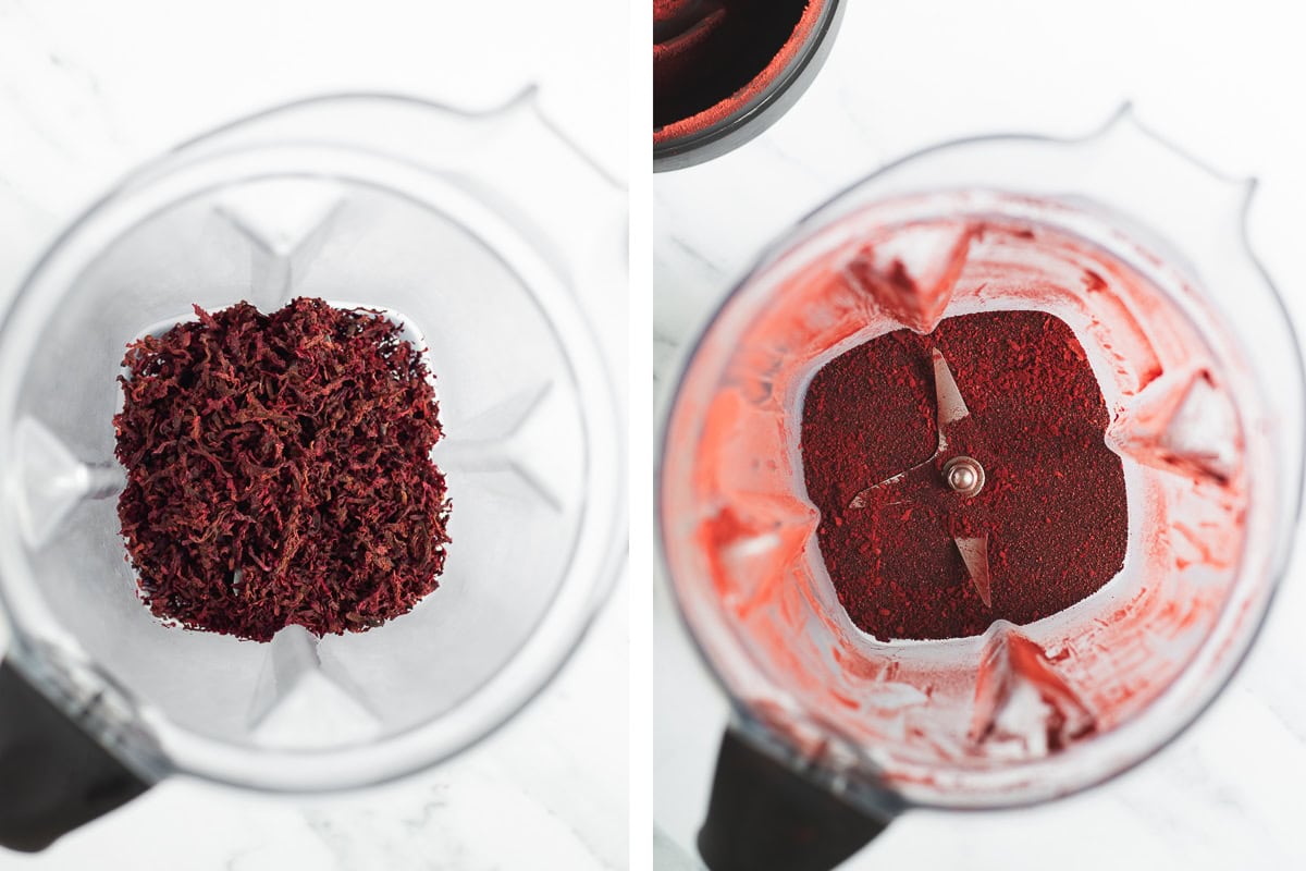 The before after of dried beetroot shreds blended into a powder.