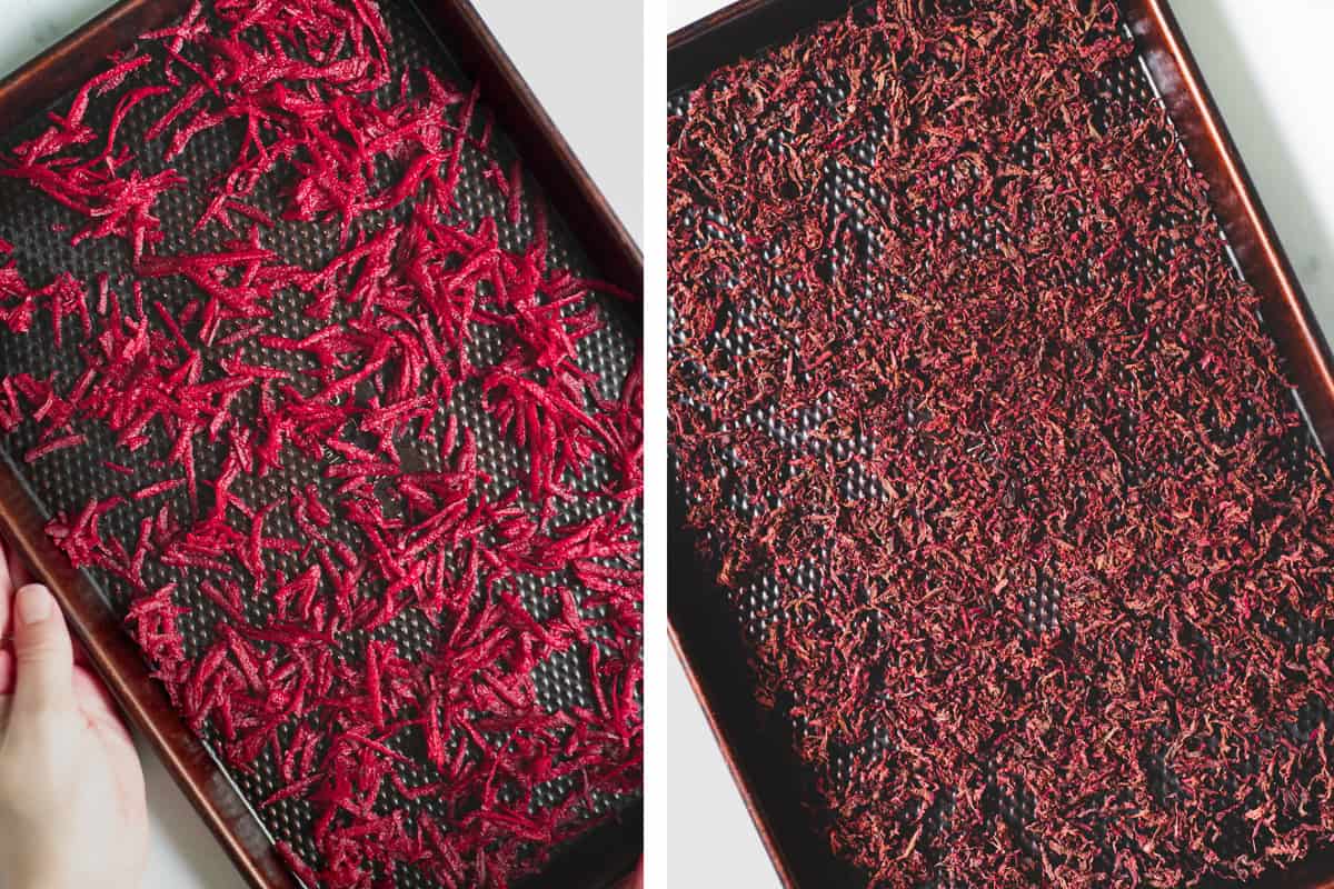 Shredded, raw beetroot evenly spaced on a baking sheet, beside the beetroot is dried into little crisps.
