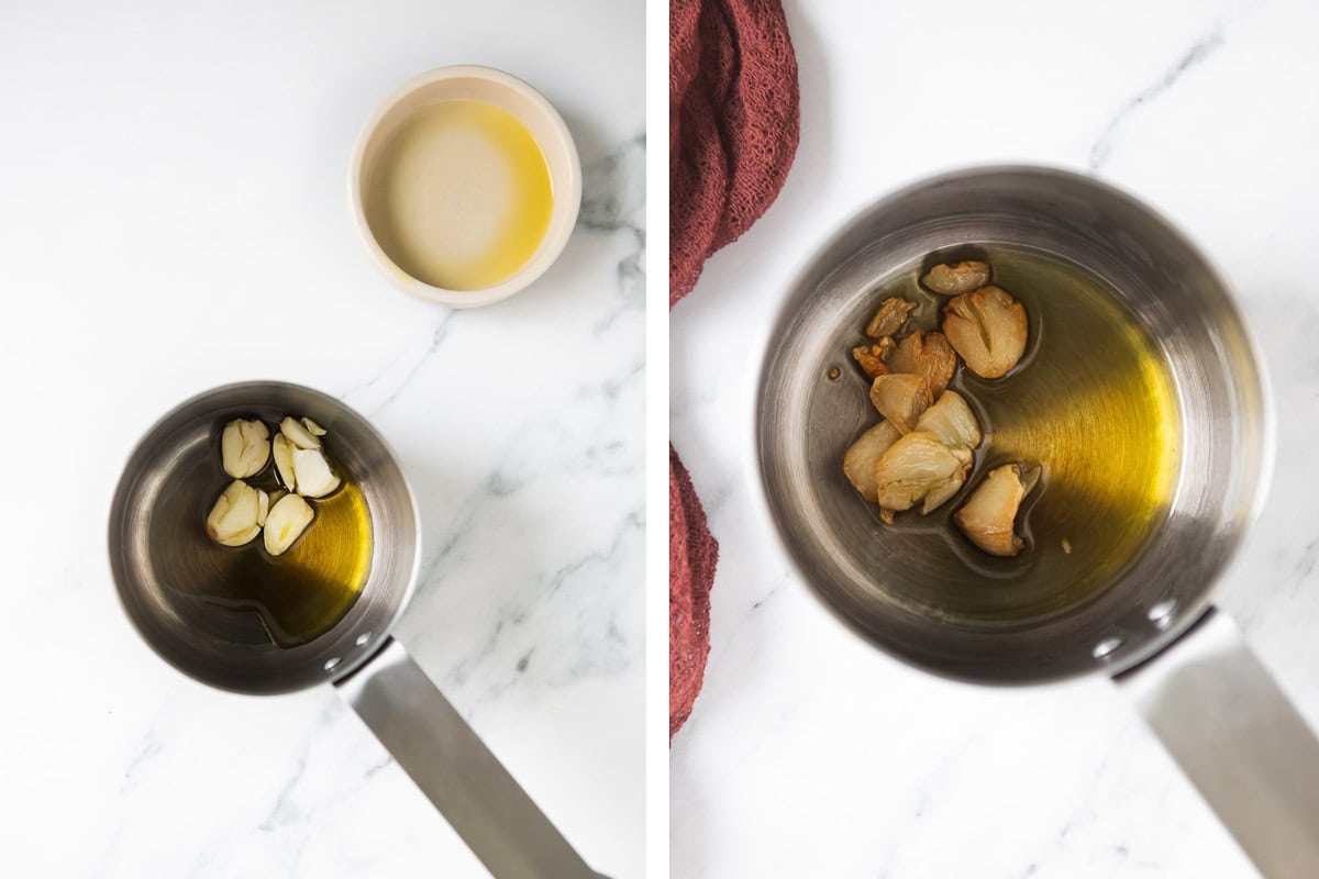 Raw garlic cloves in a small saucepan covered in olive oil, and a saucepan with browned garlic in olive oil.