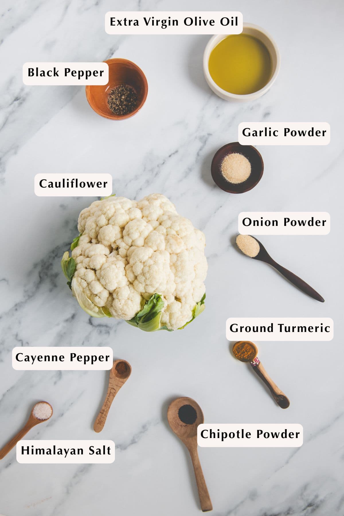 Flourless buffalo cauliflower bites ingredients.