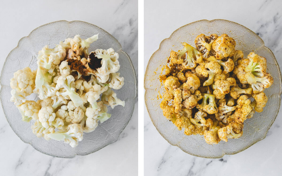 A bowl of cauliflower florets tossed in homemade buffalo seasoning.