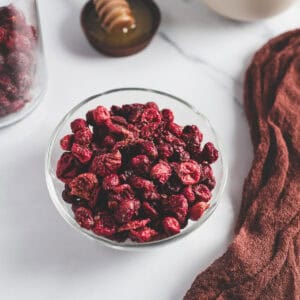 A bowl of oven-dried cranberries.