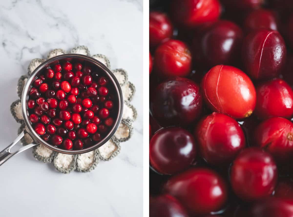 Cracked cranberries blanching in a pot of hot water.