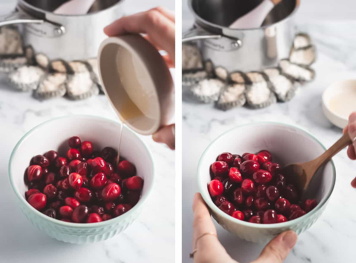 Melted honey and coconut oil being poured over washed and blanched cranberries.