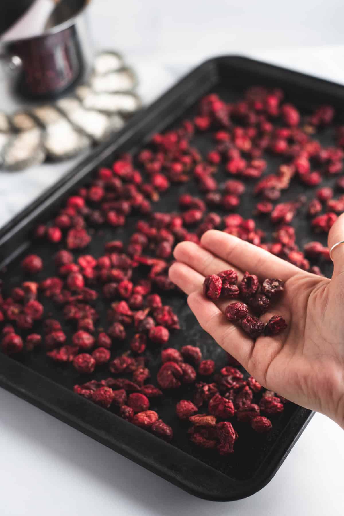 Cooled dried cranberries getting picked up off a baking sheet.