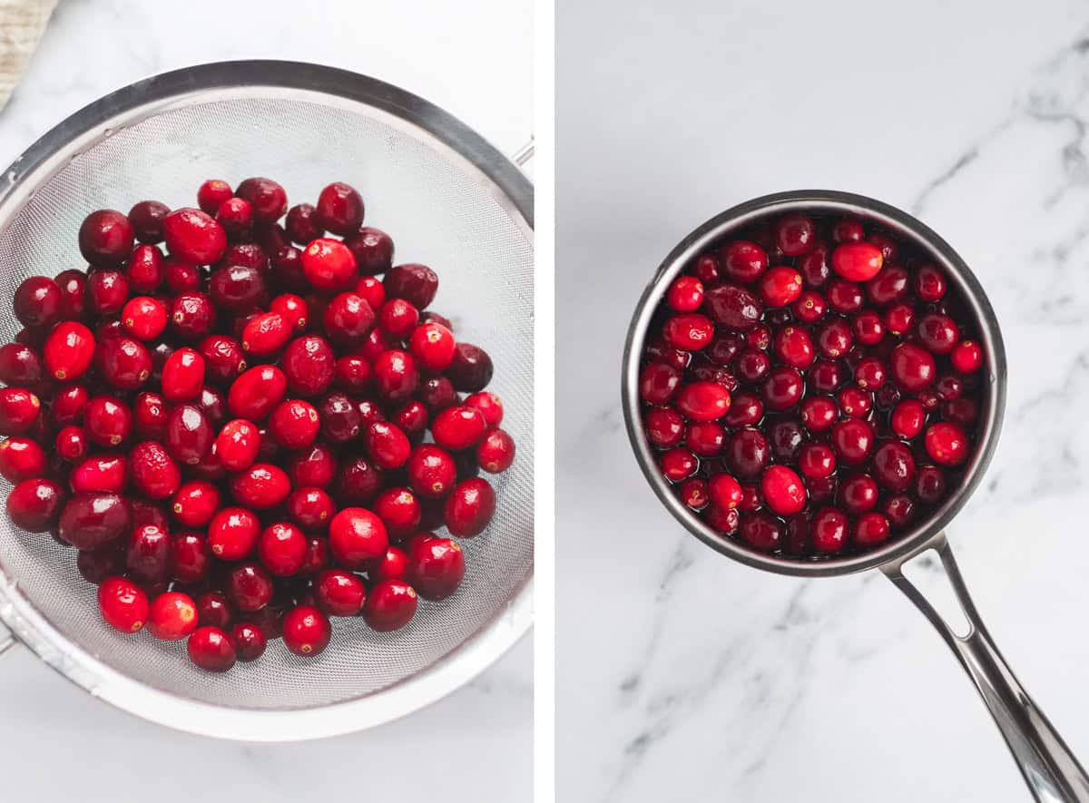 Washed cranberries in a sieve and in a pot of boiling water.