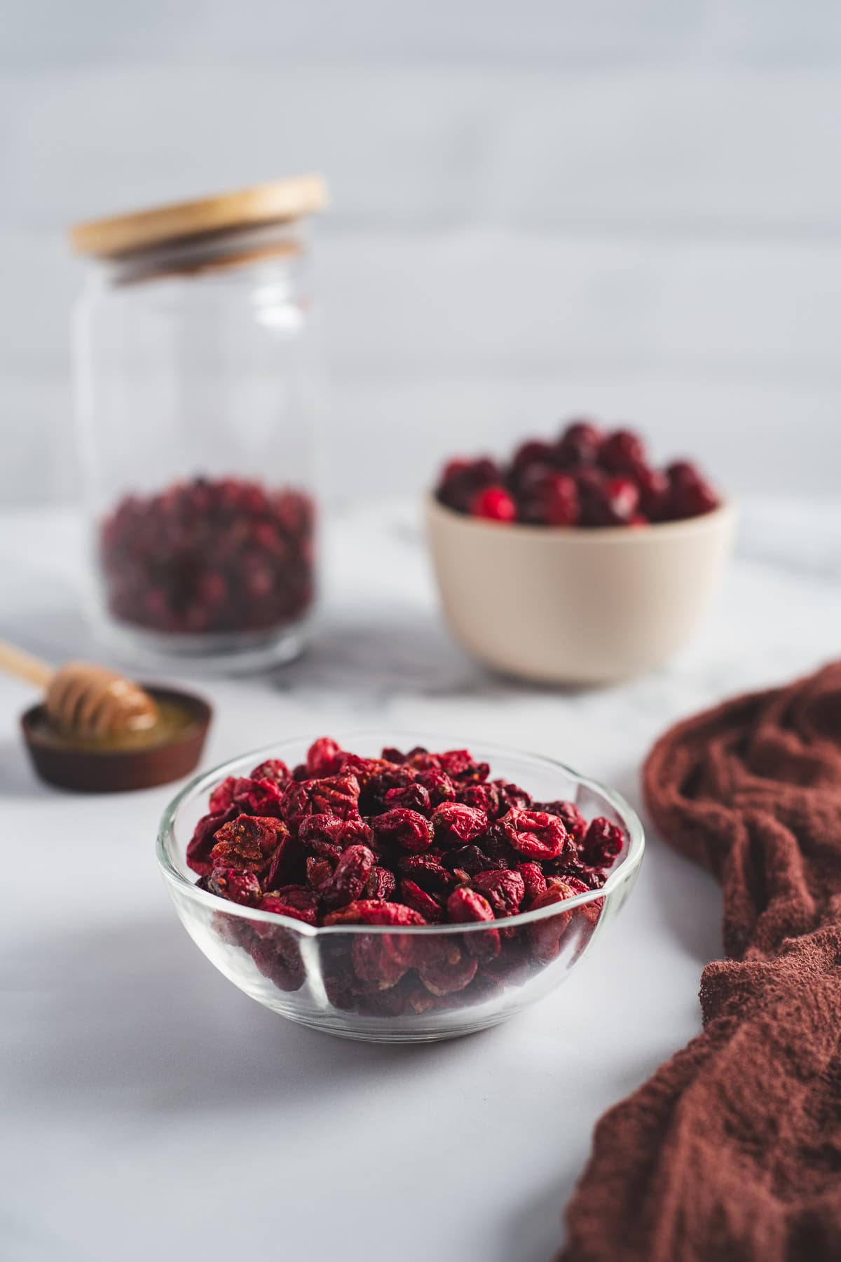 A bowl of dried cranberries.
