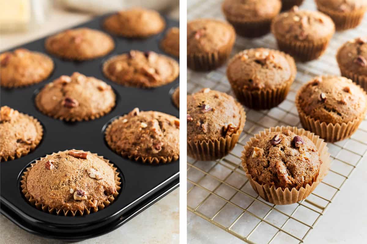 Freshly baked banana nut muffins lined in a muffin tin and on a cooling rack.