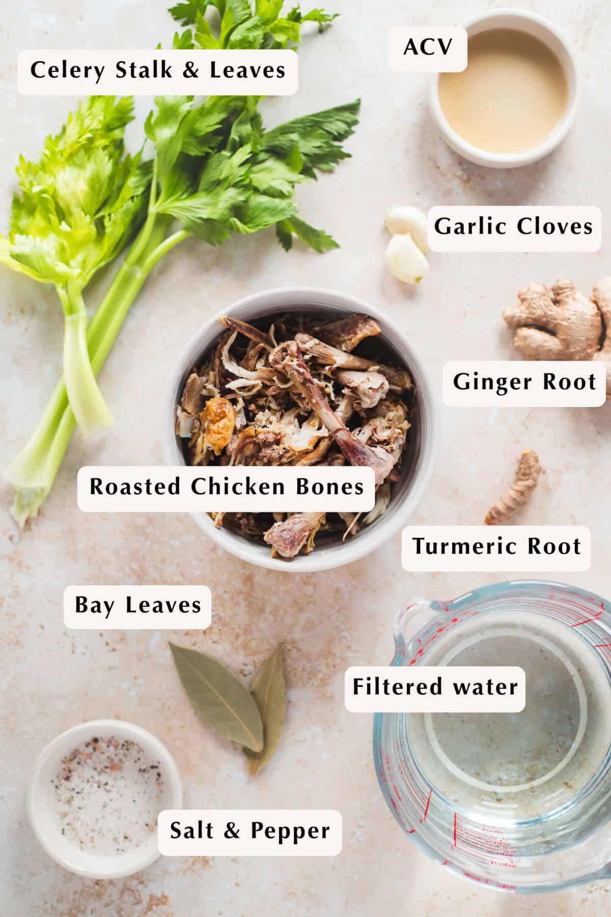 Ingredients to make homemade golden chicken broth.