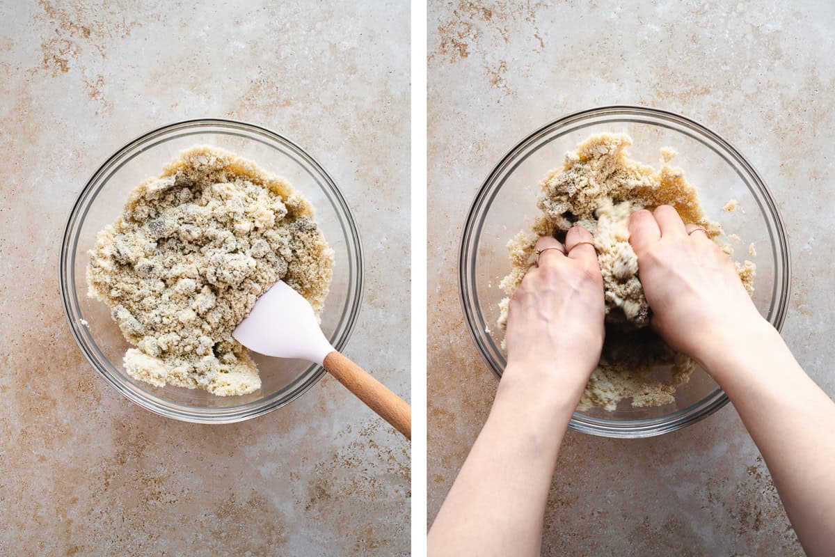 Hands in a bowl, kneading almond flour and soaked chia seeds into a dough.