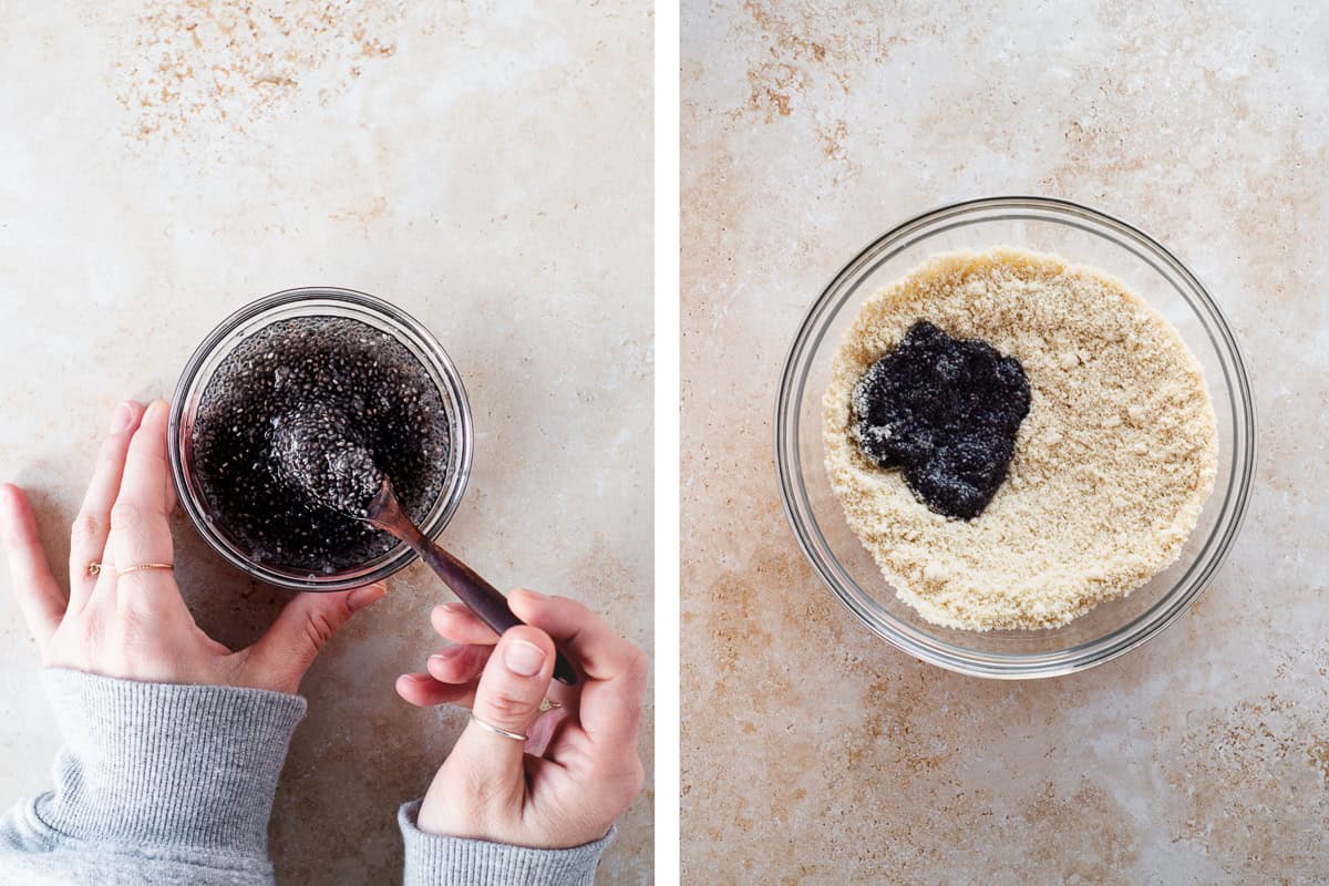 A bowl of almond flour and gelatinous soaked chia seeds.