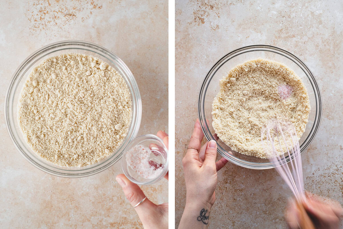 Whisking salt into a bowl of almond flour.