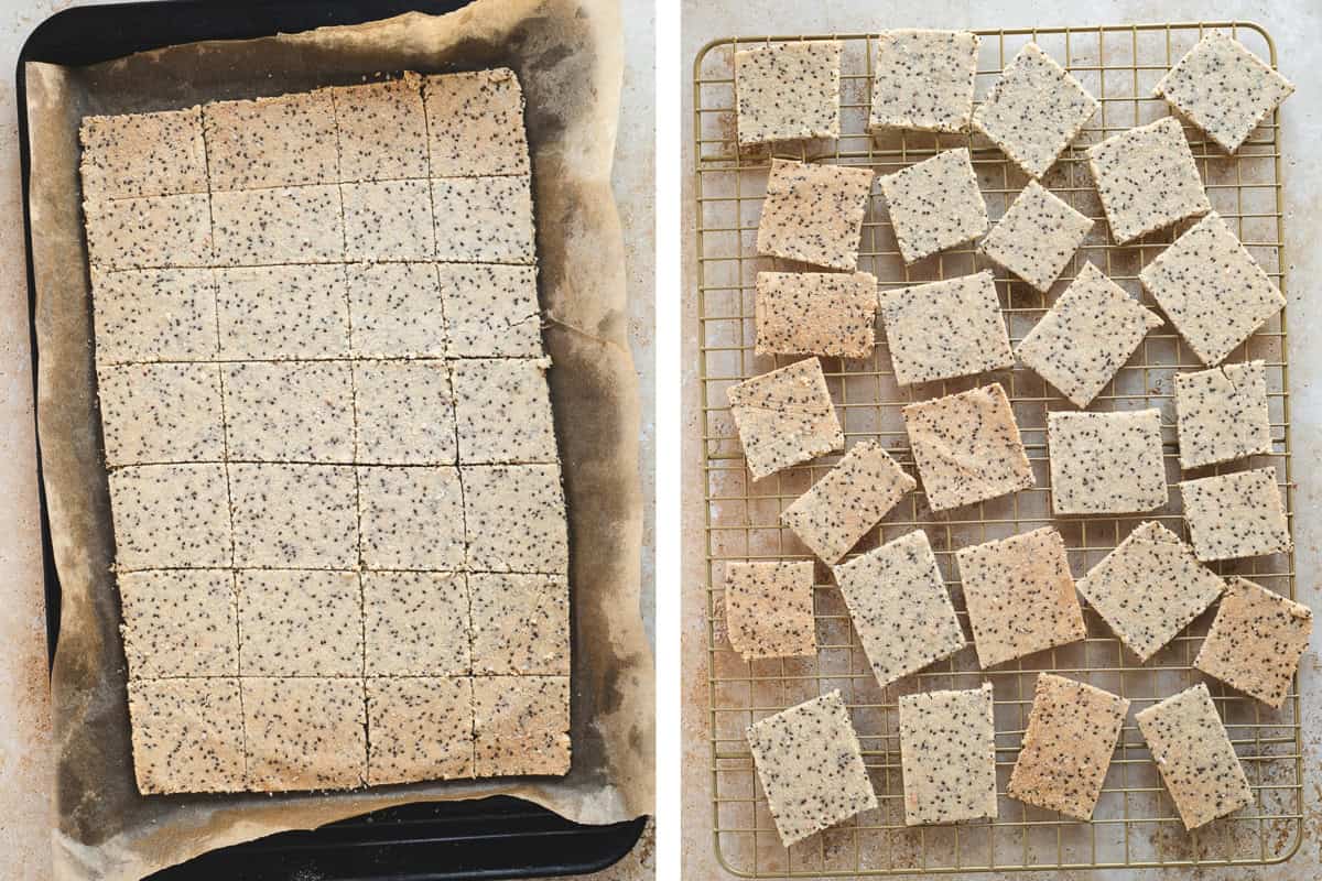 Baked chia seed crackers on a sheet pan and spread on a cooling rack.