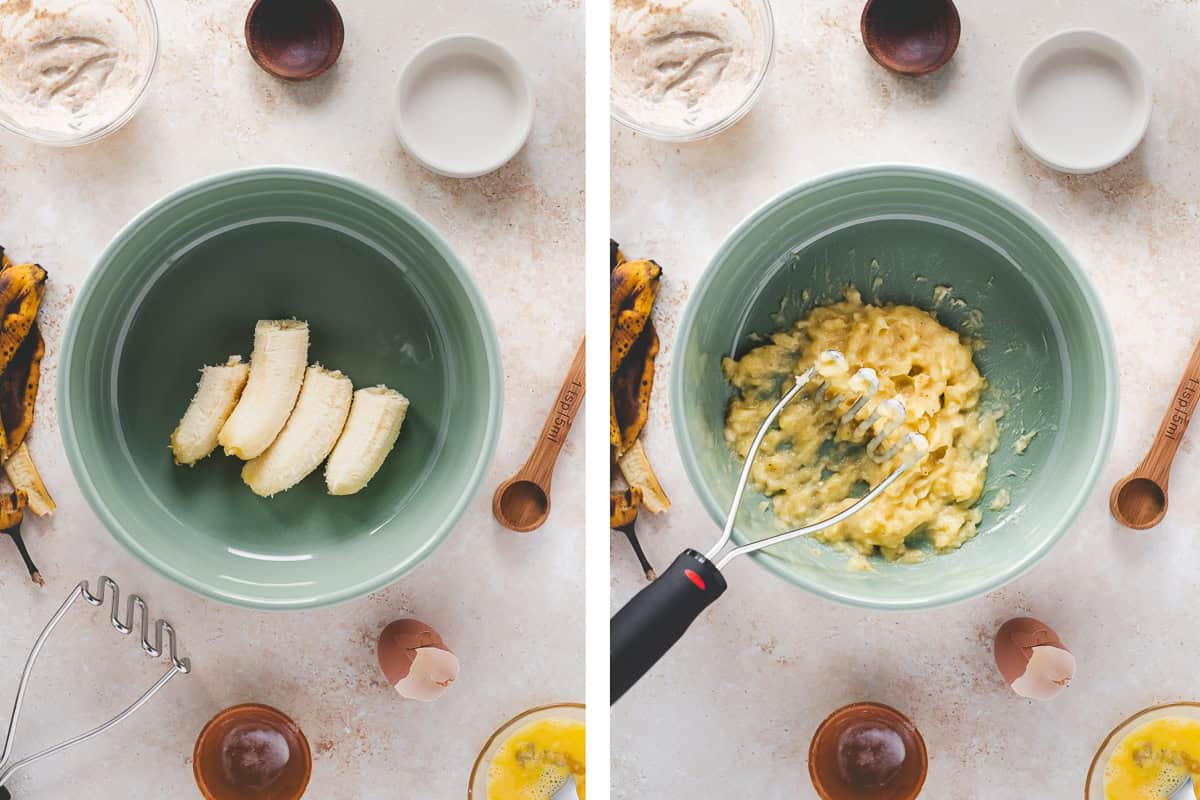 A bowl of halved bananas and a bowl of mashed bananas.