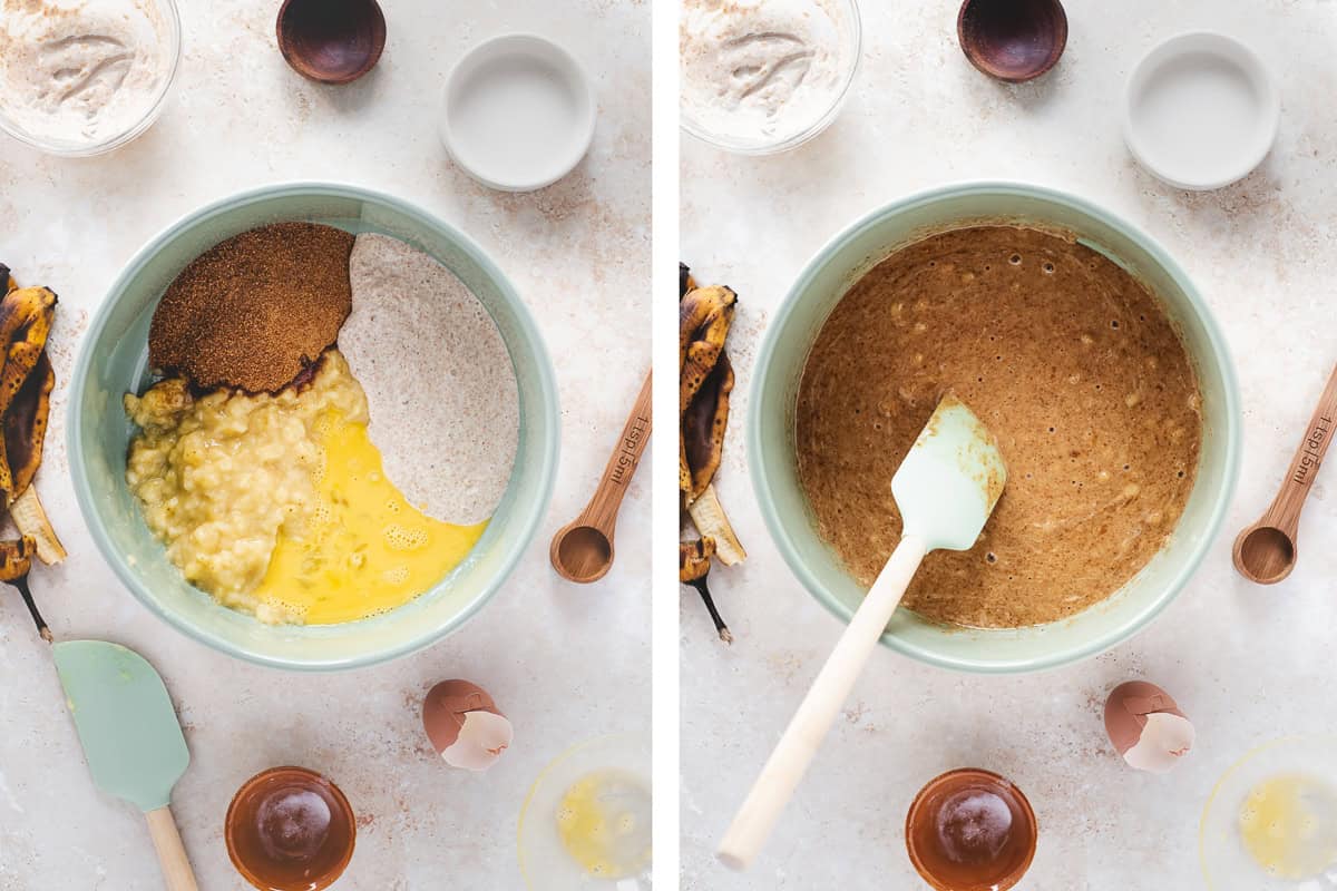 Mashed banana, egg, sourdough starter and coconut sugar mixed in a bowl.