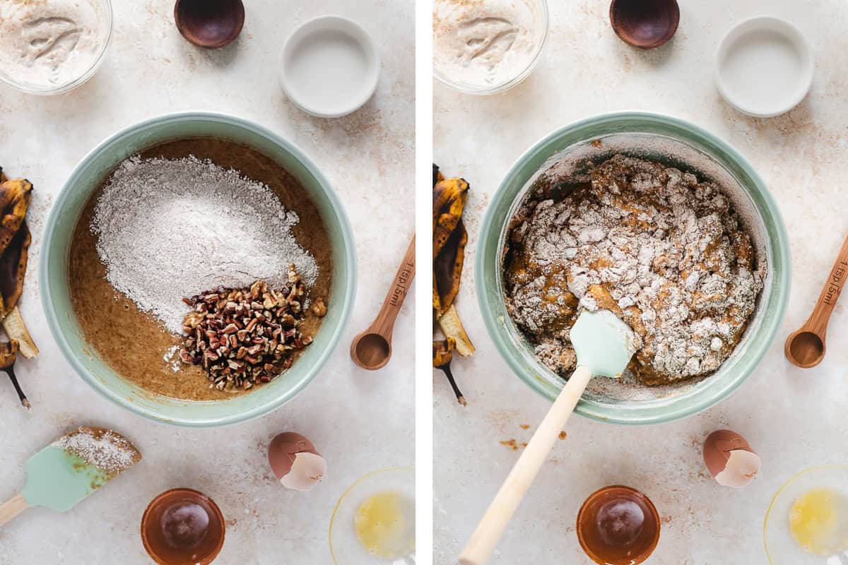 Flour, pecans and walnuts mixed into a mashed banana, egg and coconut sugar mixture.
