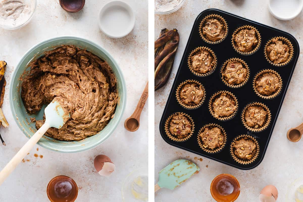 Banana muffin batter swirled in a bowl and scooped into a lined muffin tin.