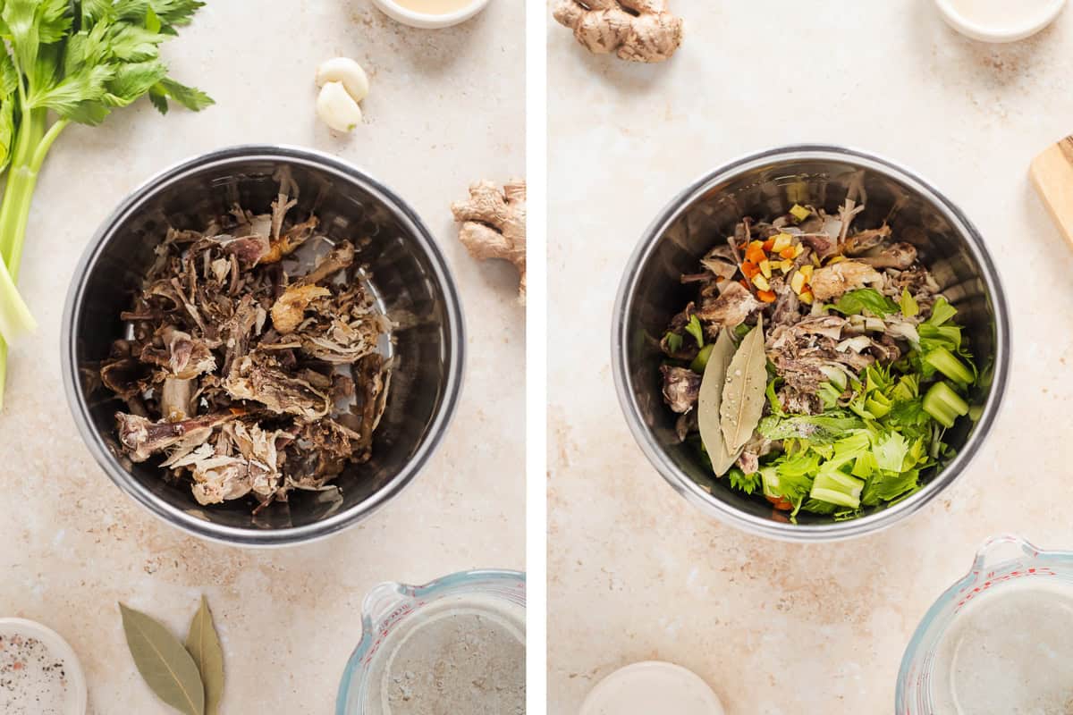 Roasted chicken bones, celery leaves, ginger root, turmeric root, garlic and bay leaves in an Instant Pot.