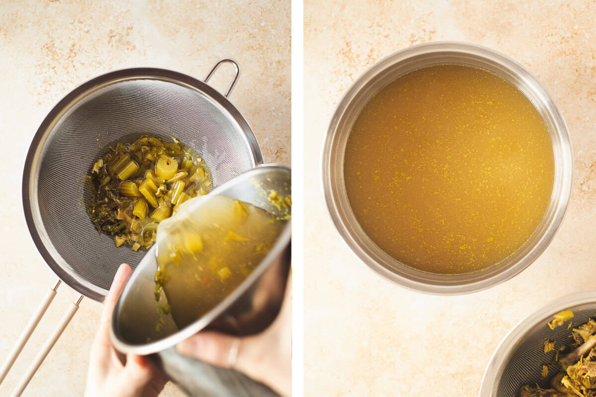 Chicken broth pouring through a strainer into a bowl.